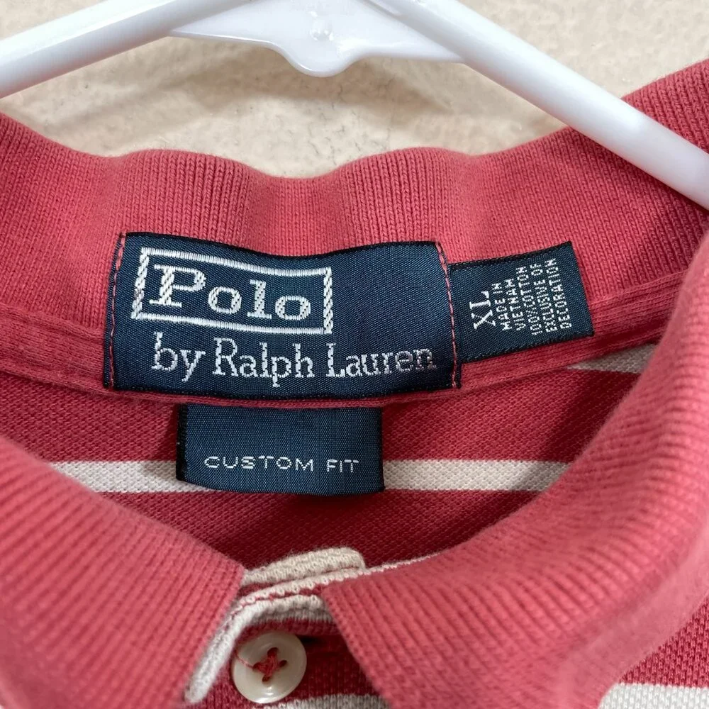 POLO by RALPH LAUREN Men's XL Custom Fit Polo Shirt Striped Burgundy Blue‎ Rider